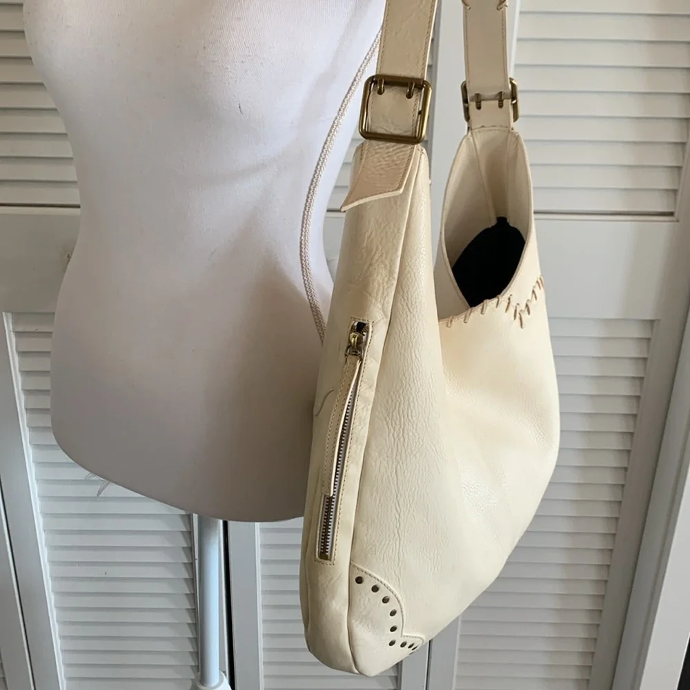 Dooney & Bourke Ivory Leather Whipstitched Large Hobo Shoulder Bag Made in Italy